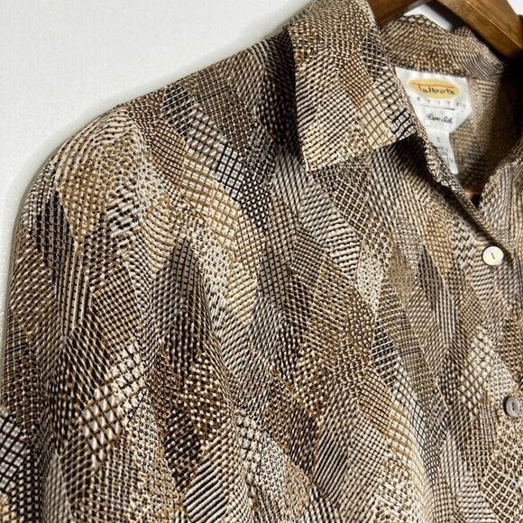 Talbots Brown 100% Silk Geometric Print Button Up Long Sleeve Shirt Size 2 Women - Picture 6 of 9